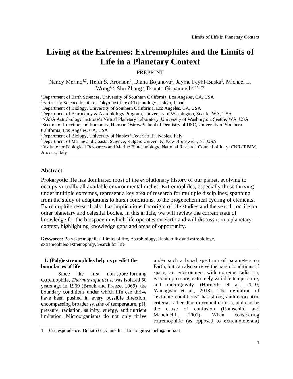 Extremophiles and the Limits of Life in a Planetary Context PREPRINT Nancy Merino1,2, Heidi S