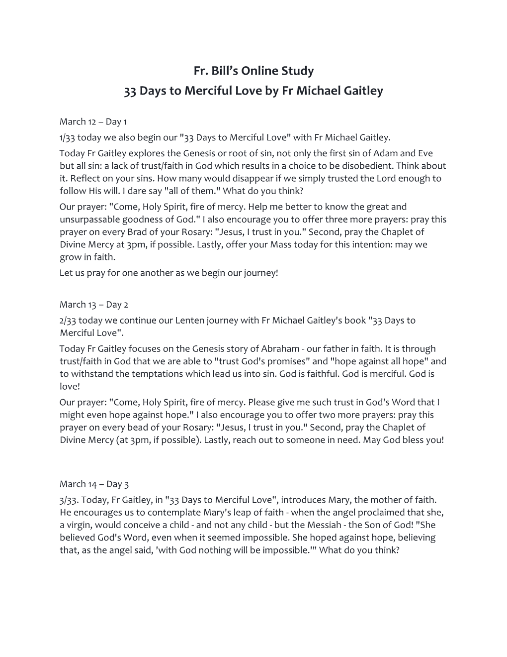 Fr. Bill's Online Study 33 Days to Merciful Love by Fr Michael Gaitley