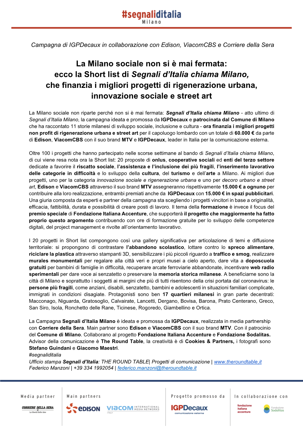 Bando Segnali D'italia Chiama Milano – Short List