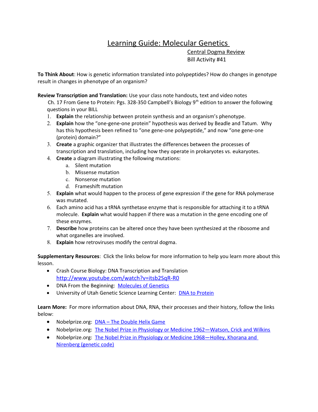 Learning Guide: Molecular Genetics