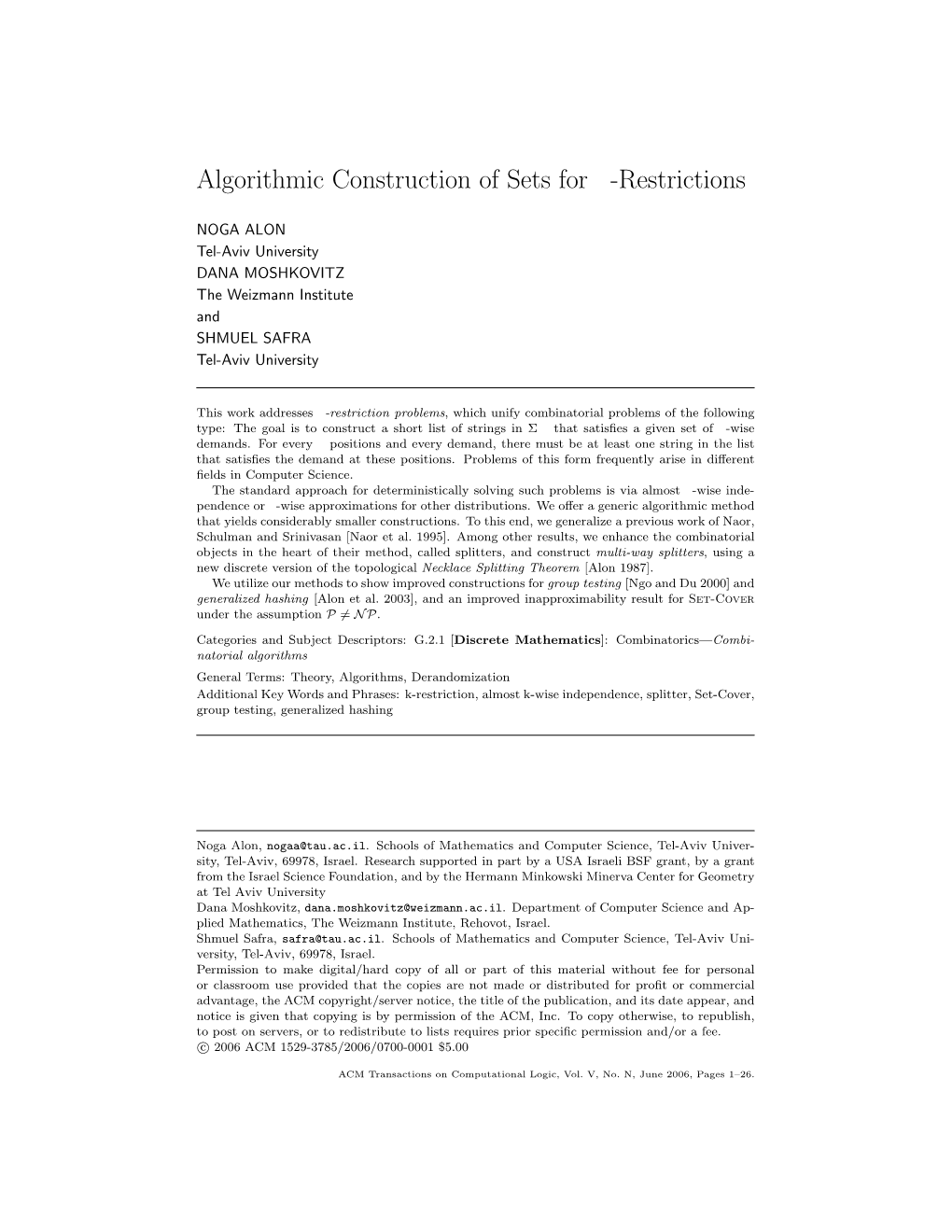 Algorithmic Construction of Sets for K-Restrictions