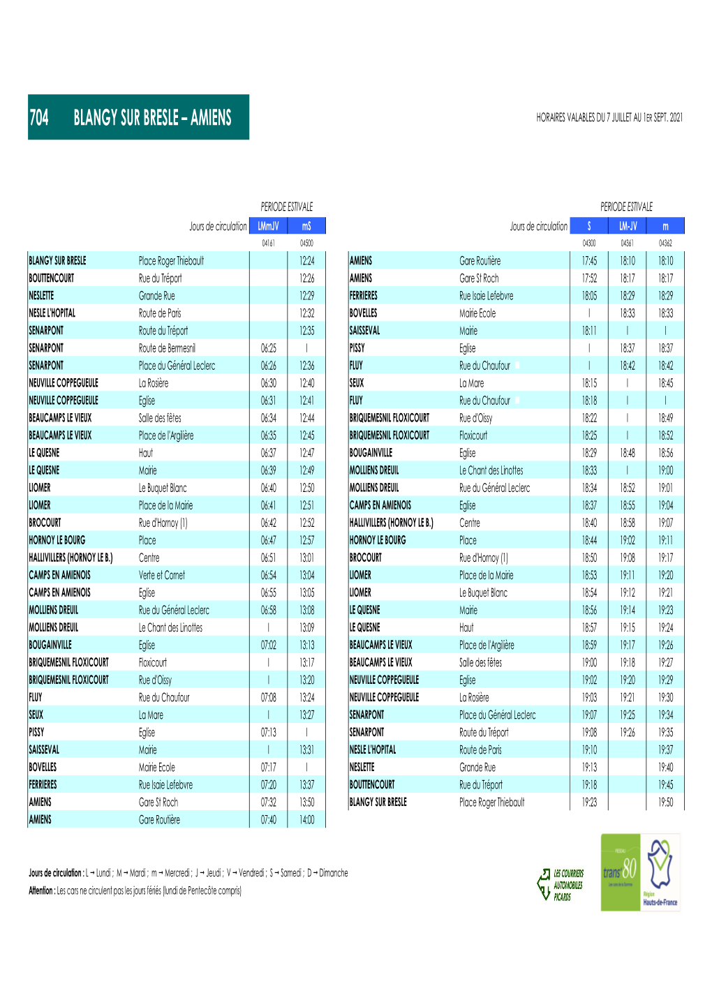 704 Blangy Sur Bresle – Amiens Horaires Valables Du 7 Juillet Au 1 Er Sept