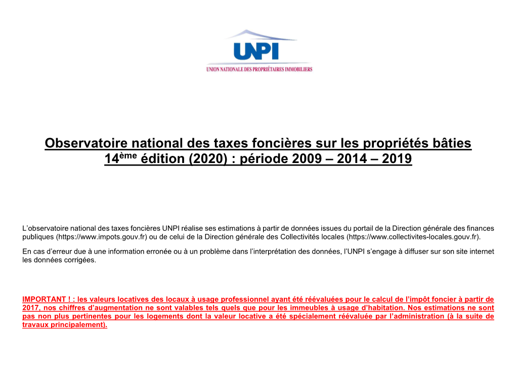 Observatoire National Des Taxes Foncières Sur Les Propriétés Bâties 14Ème Édition (2020) : Période 2009 – 2014 – 2019