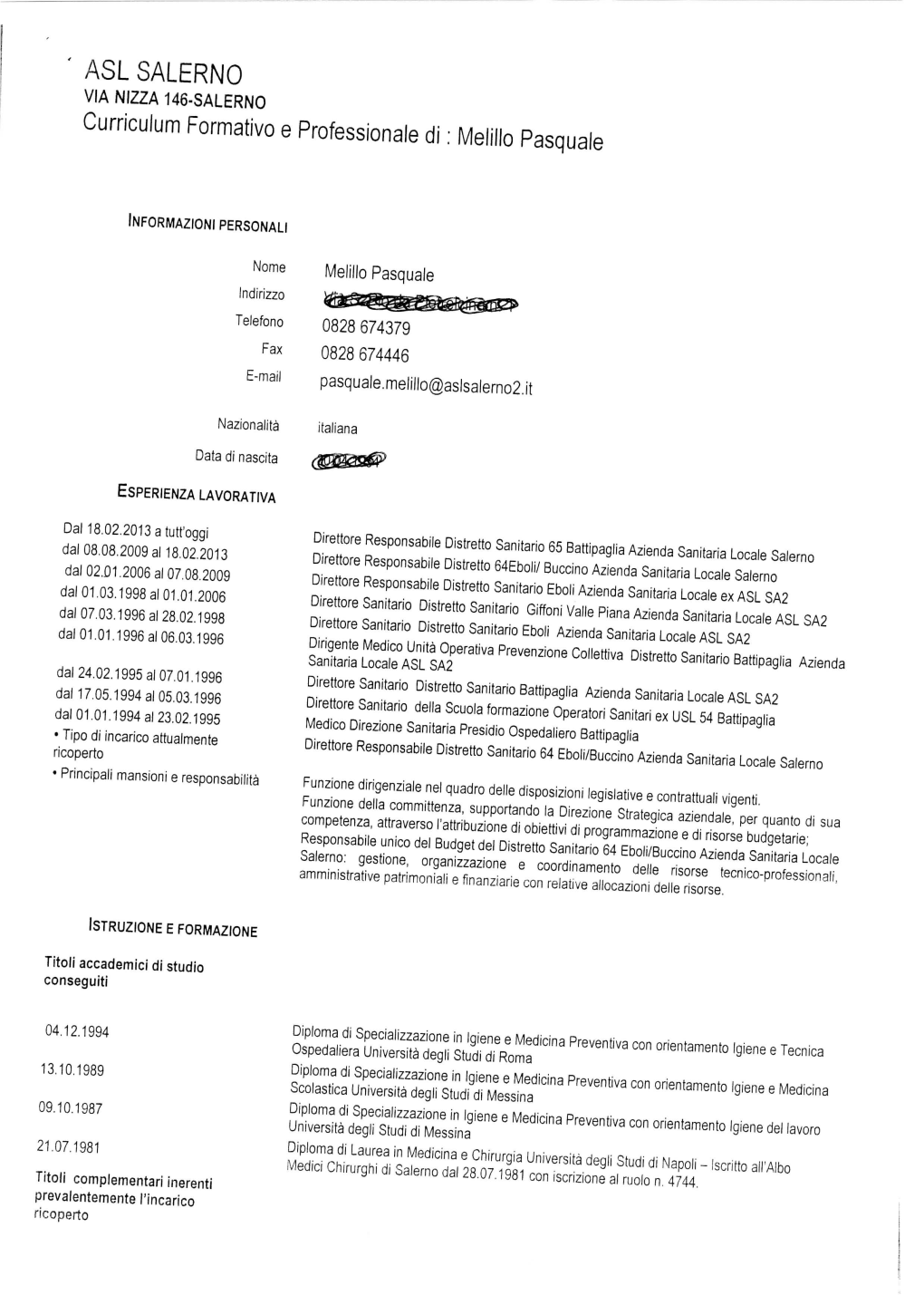 ASL SALERNO VIA NIZZA 146-SALERNO Curriculum Formativo E Professionale Di ; Melillo Pasquale
