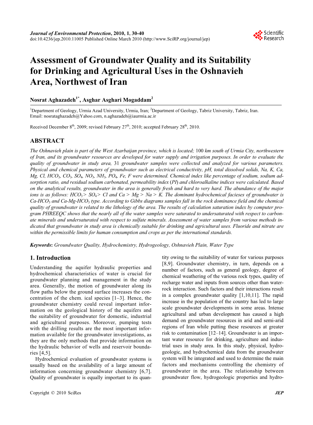 Assessment of Groundwater Quality and Its Suitability for Drinking and Agricultural Uses in the Oshnavieh Area, Northwest of Iran