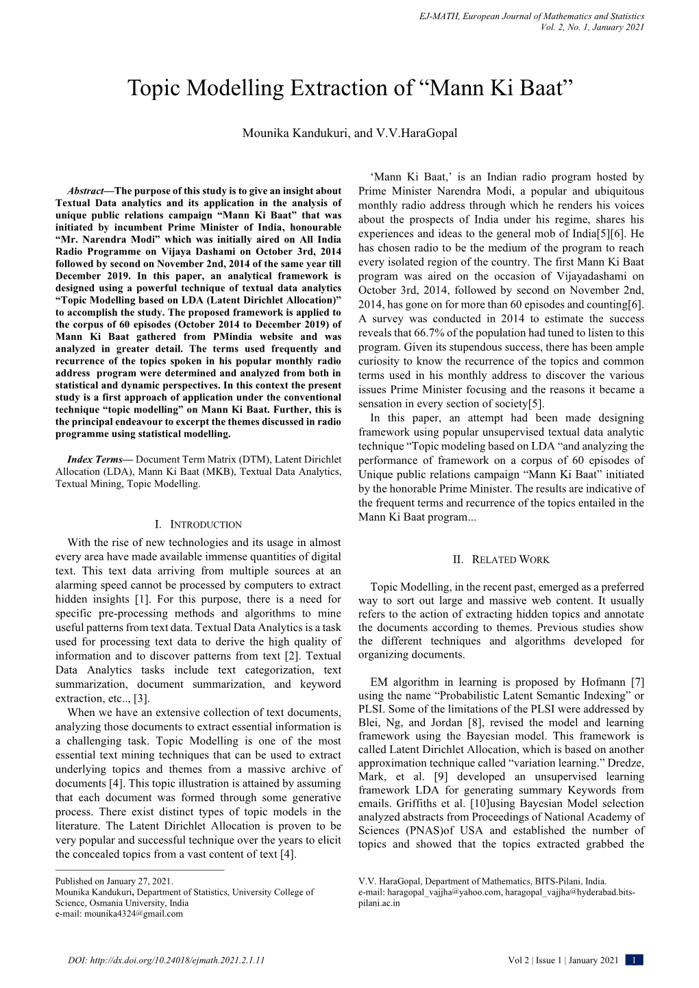 Topic Modelling Extraction of “Mann Ki Baat”