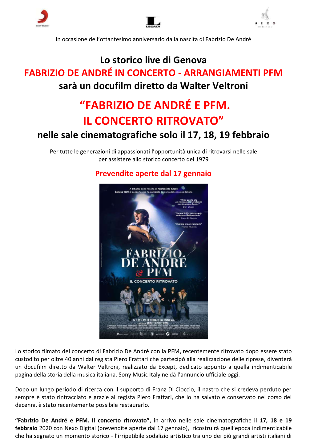 “FABRIZIO DE ANDRÉ E PFM. IL CONCERTO RITROVATO” Nelle Sale Cinematografiche Solo Il 17, 18, 19 Febbraio