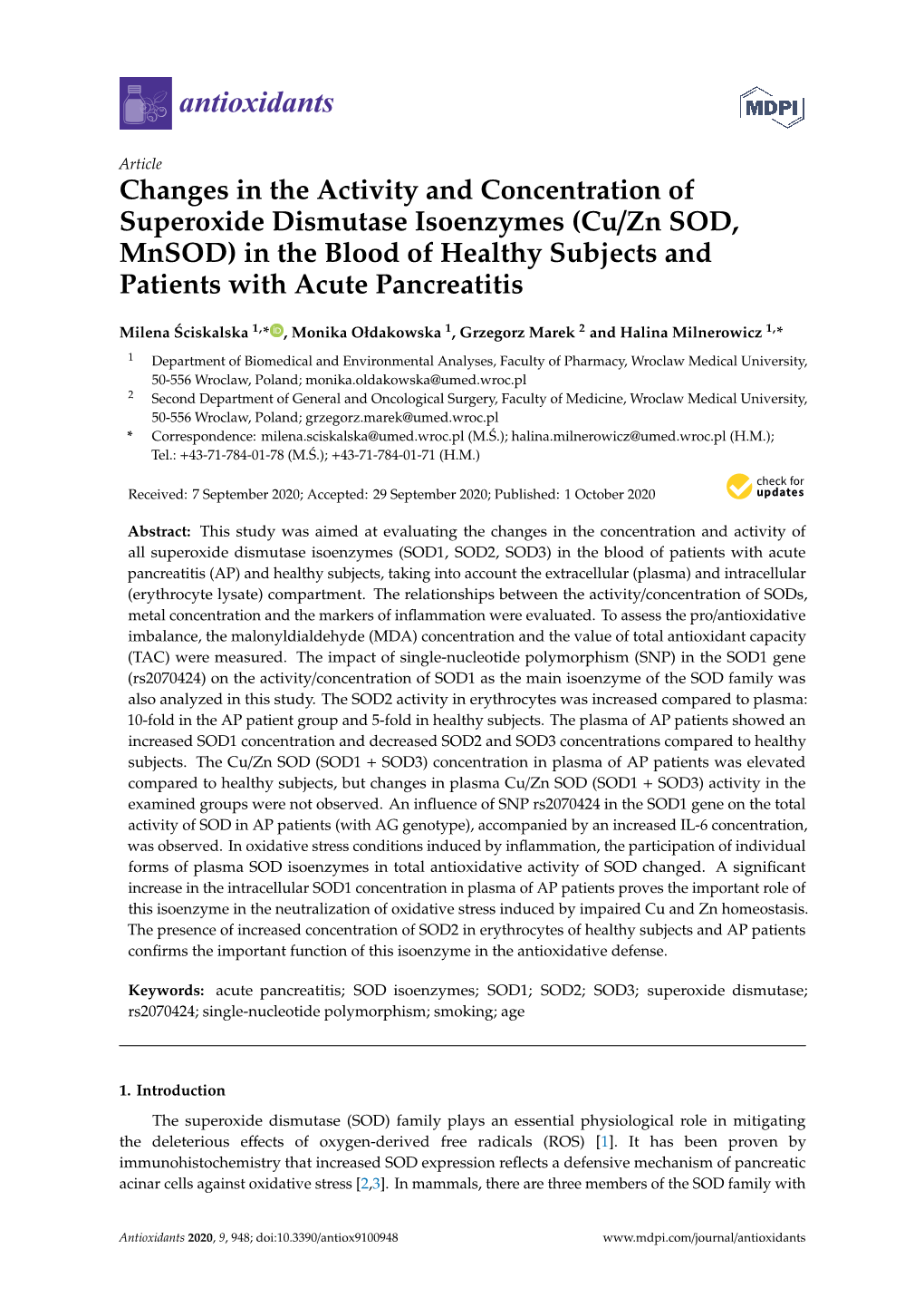 (Cu/Zn SOD, Mnsod) in the Blood of Healthy Subjects and Patients with Acute Pancreatitis