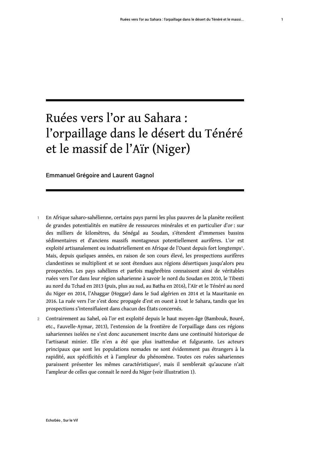 L'orpaillage Dans Le Désert Du Ténéré Et Le Massif De L'aïr (Niger)