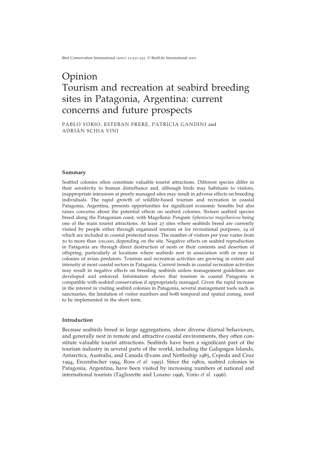 Opinion Tourism and Recreation at Seabird Breeding Sites in Patagonia, Argentina: Current Concerns and Future Prospects