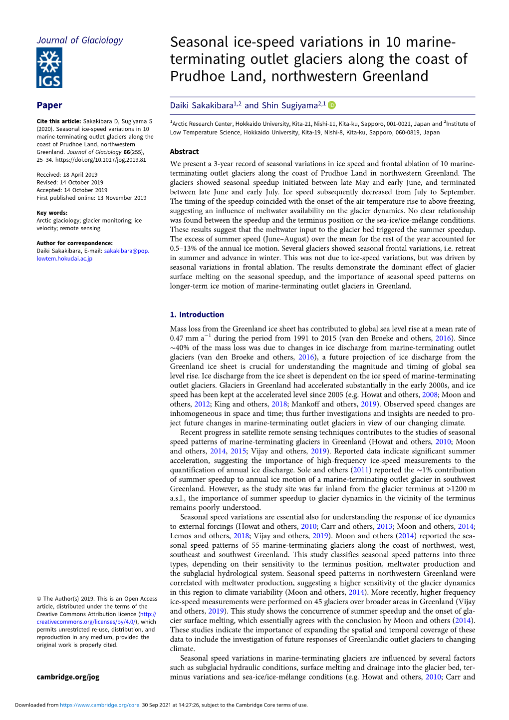 Seasonal Ice-Speed Variations in 10 Marine- Terminating Outlet Glaciers Along the Coast of Prudhoe Land, Northwestern Greenland