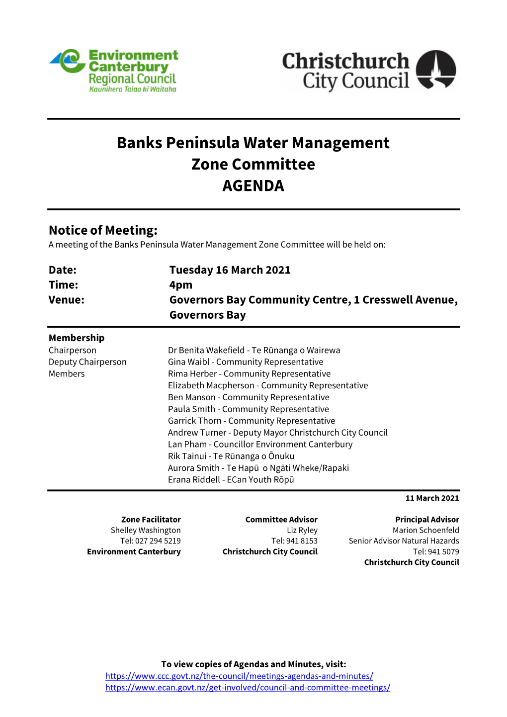 Agenda of Banks Peninsula Water Management Zone Committee