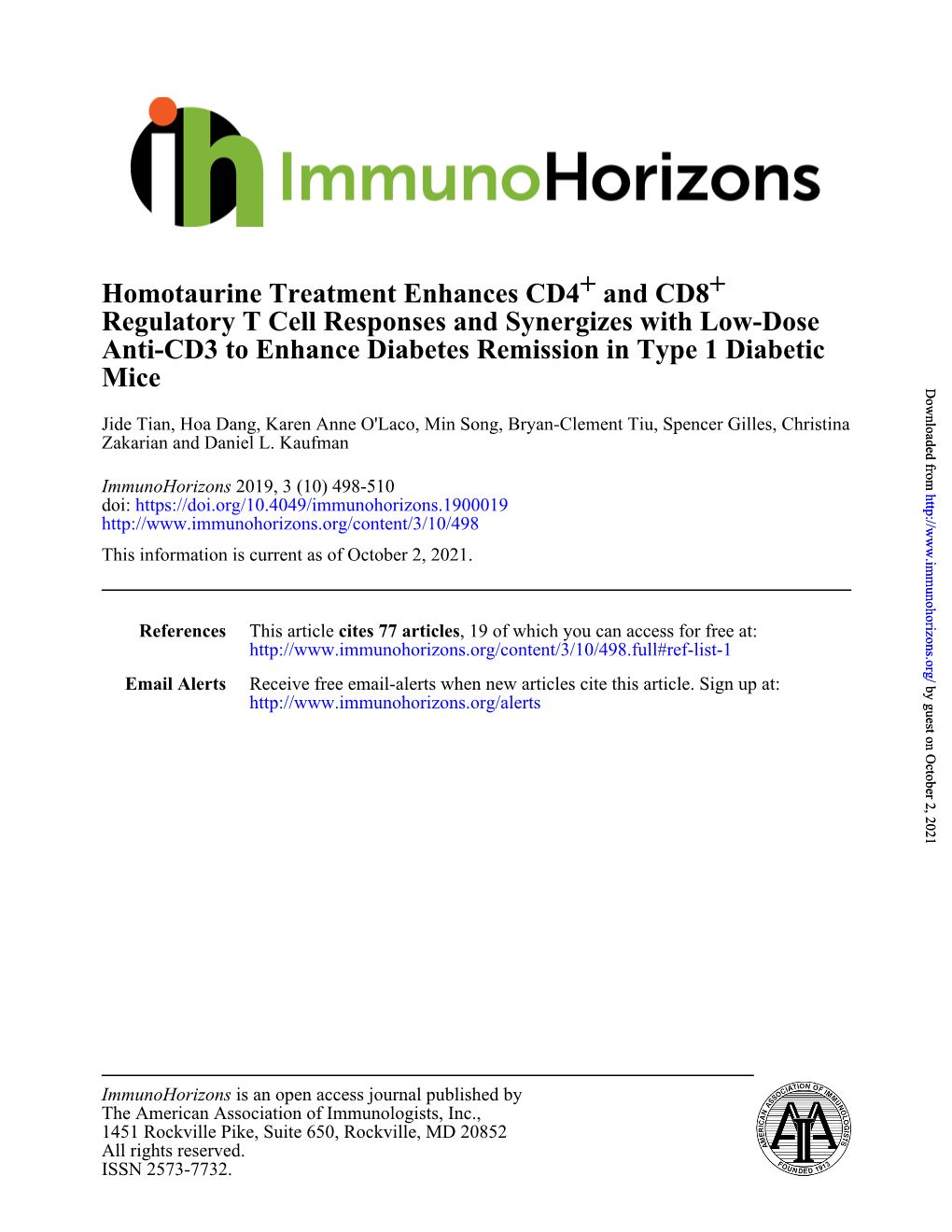 Homotaurine Treatment Enhances CD4+ and CD8+ Regulatory T Cell Responses and Synergizes with Low-Dose Anti-CD3 to Enhance Diabetes Remission in Type 1 Diabetic