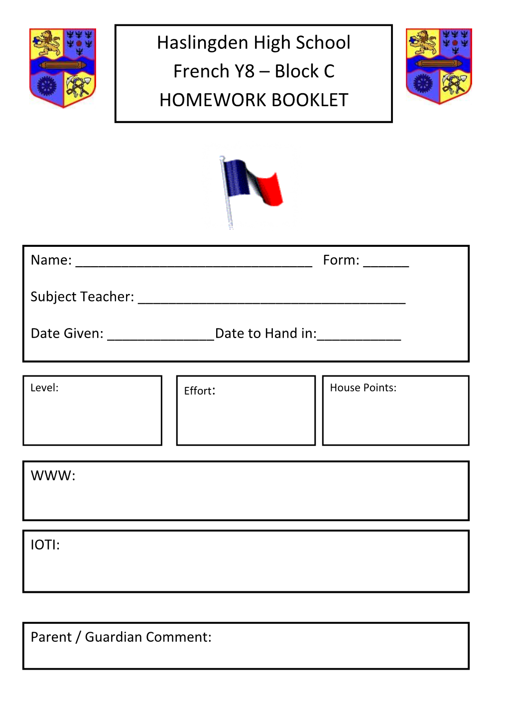 Haslingden High School French Y8 – Block C HOMEWORK BOOKLET