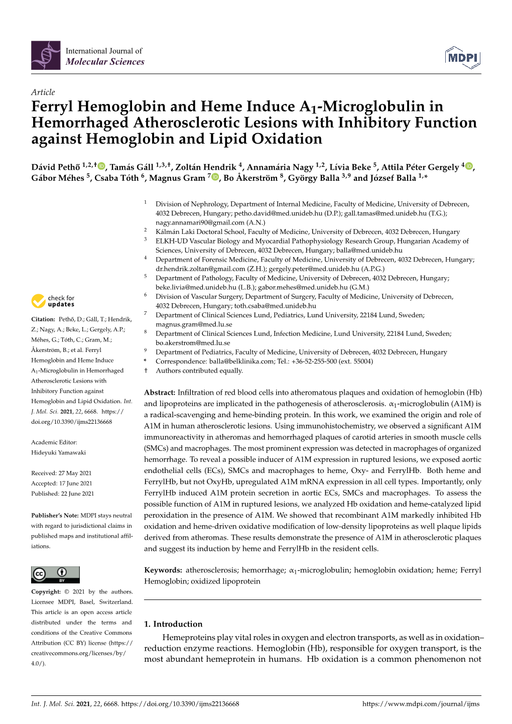 Ferryl Hemoglobin and Heme Induce A1-Microglobulin in Hemorrhaged Atherosclerotic Lesions with Inhibitory Function Against Hemoglobin and Lipid Oxidation