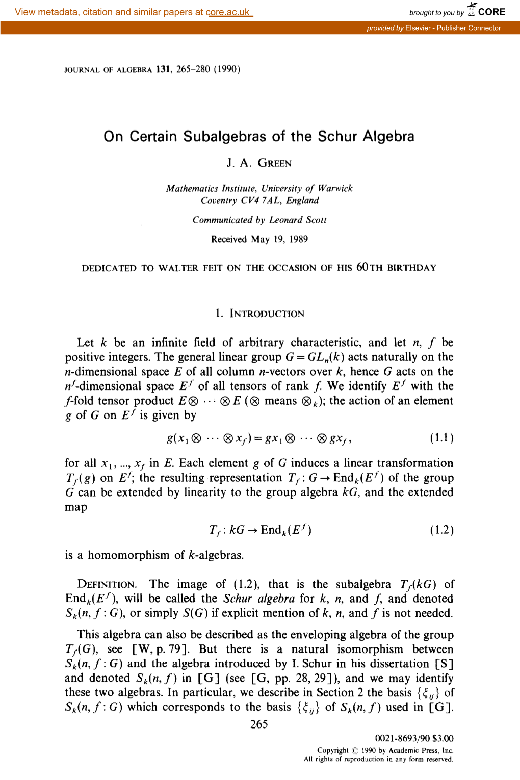 On Certain Subalgebras of the Schur Algebra