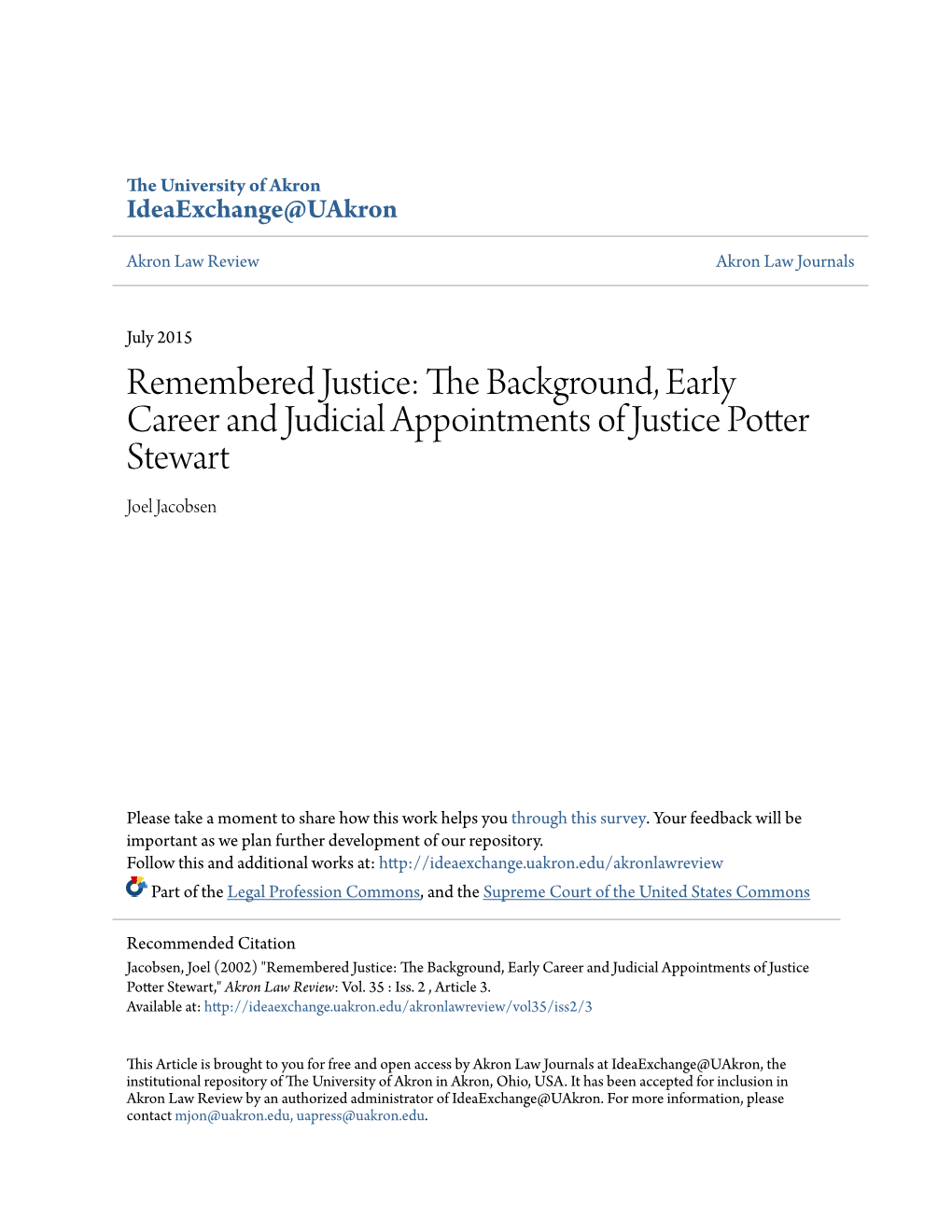 The Background, Early Career and Judicial Appointments of Justice Potter Stewart