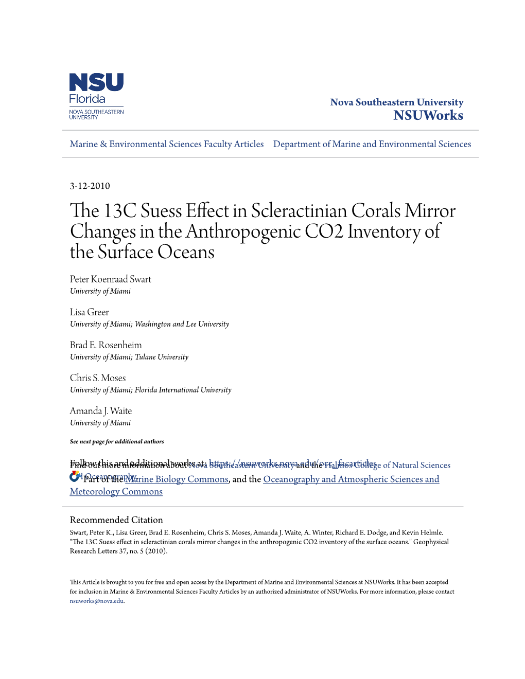 The 13C Suess Effect in Scleractinian Corals Mirror Changes in the Anthropogenic CO2 Inventory of the Surface Oceans Peter K