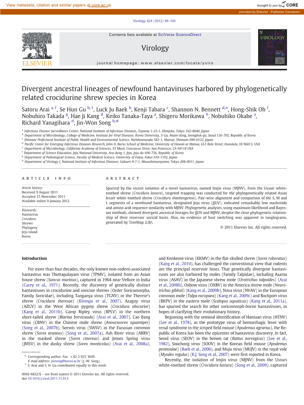 Divergent Ancestral Lineages of Newfound Hantaviruses Harbored by Phylogenetically Related Crocidurine Shrew Species in Korea