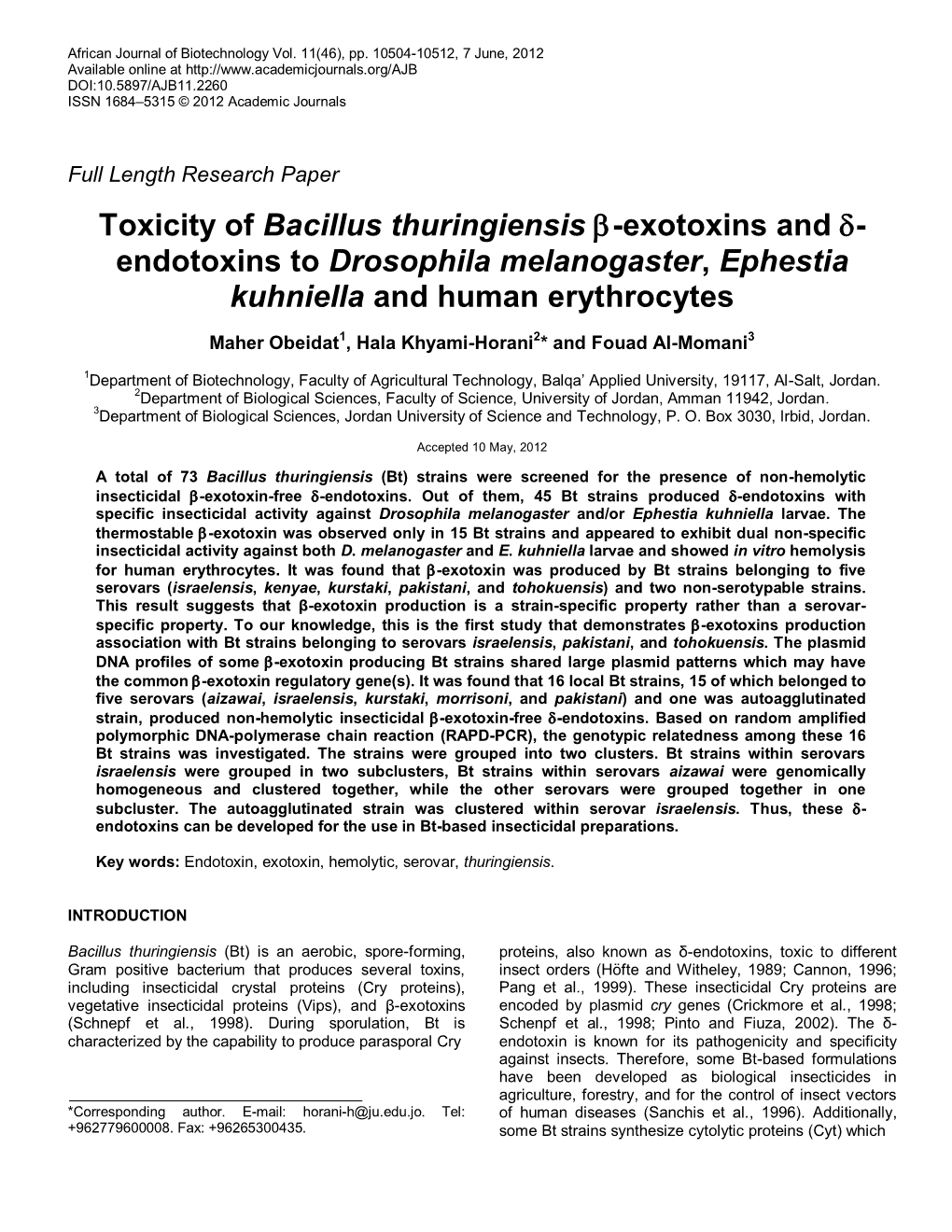 Toxicity Assessment of Bacillus Thuringiensis Β-Exotoxins