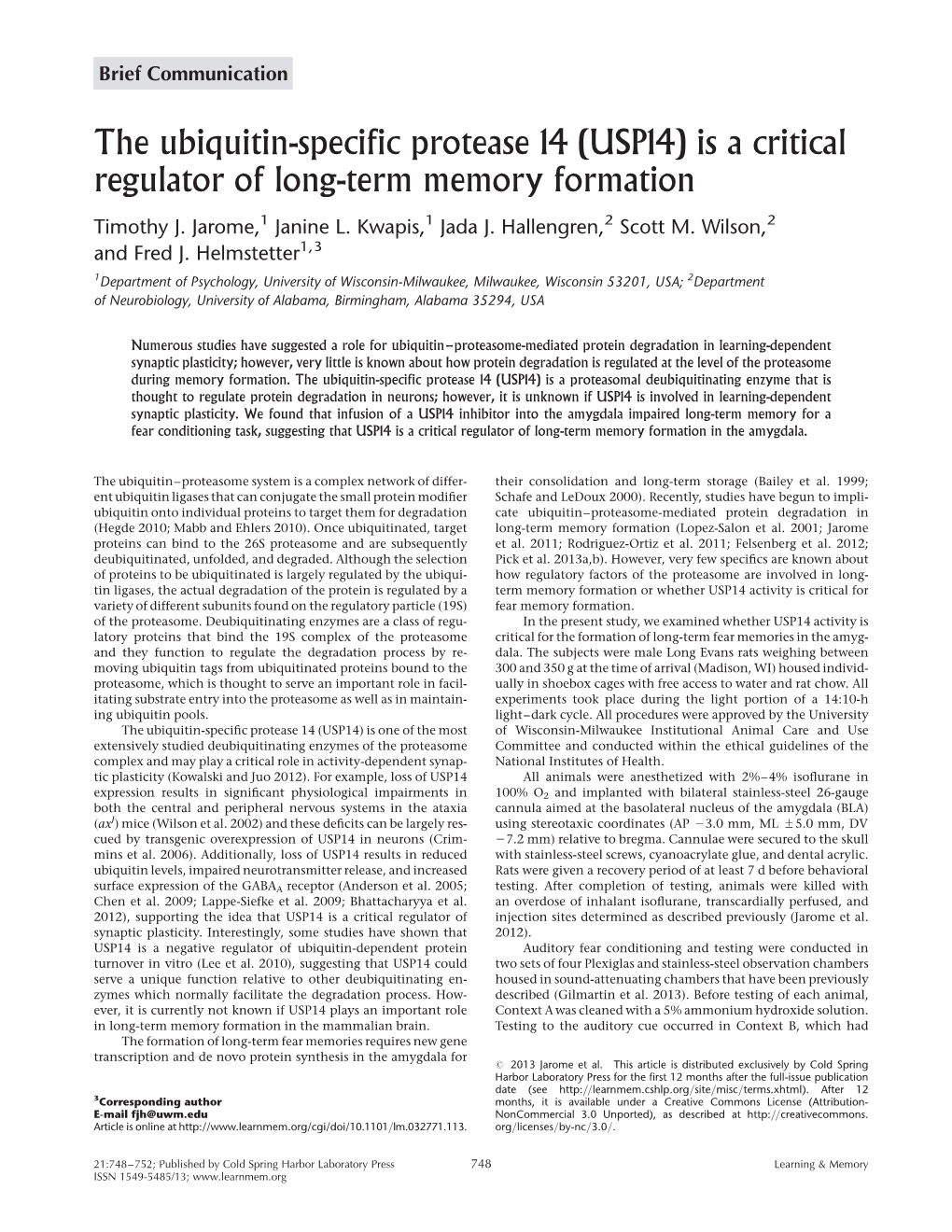 (USP14) Is a Critical Regulator of Long-Term Memory Formation