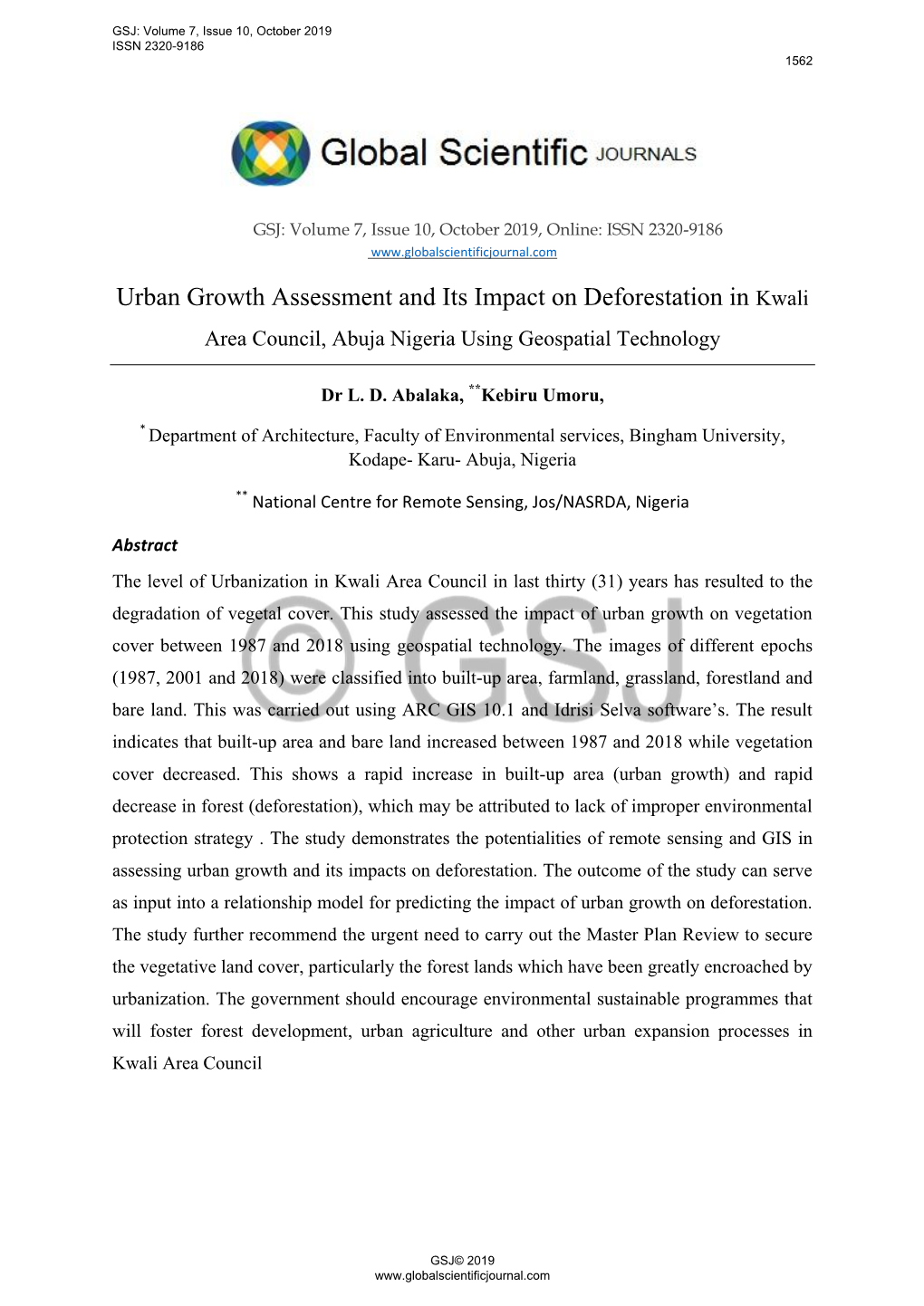Urban Growth Assessment and Its Impact on Deforestation in Kwali Area Council, Abuja Nigeria Using Geospatial Technology