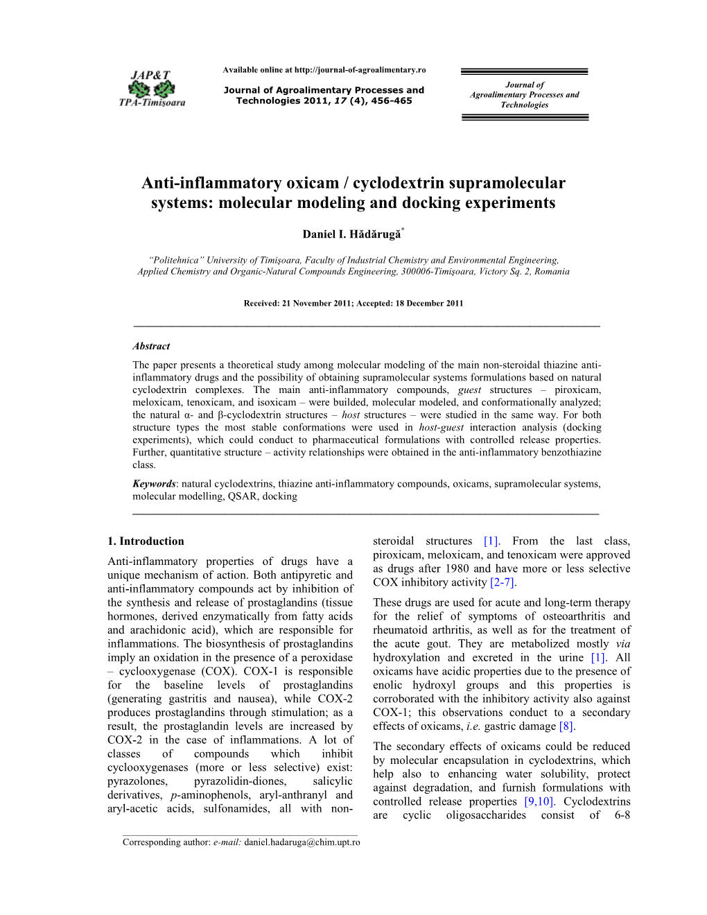 Anti-Inflammatory Oxicam / Cyclodextrin Supramolecular Systems