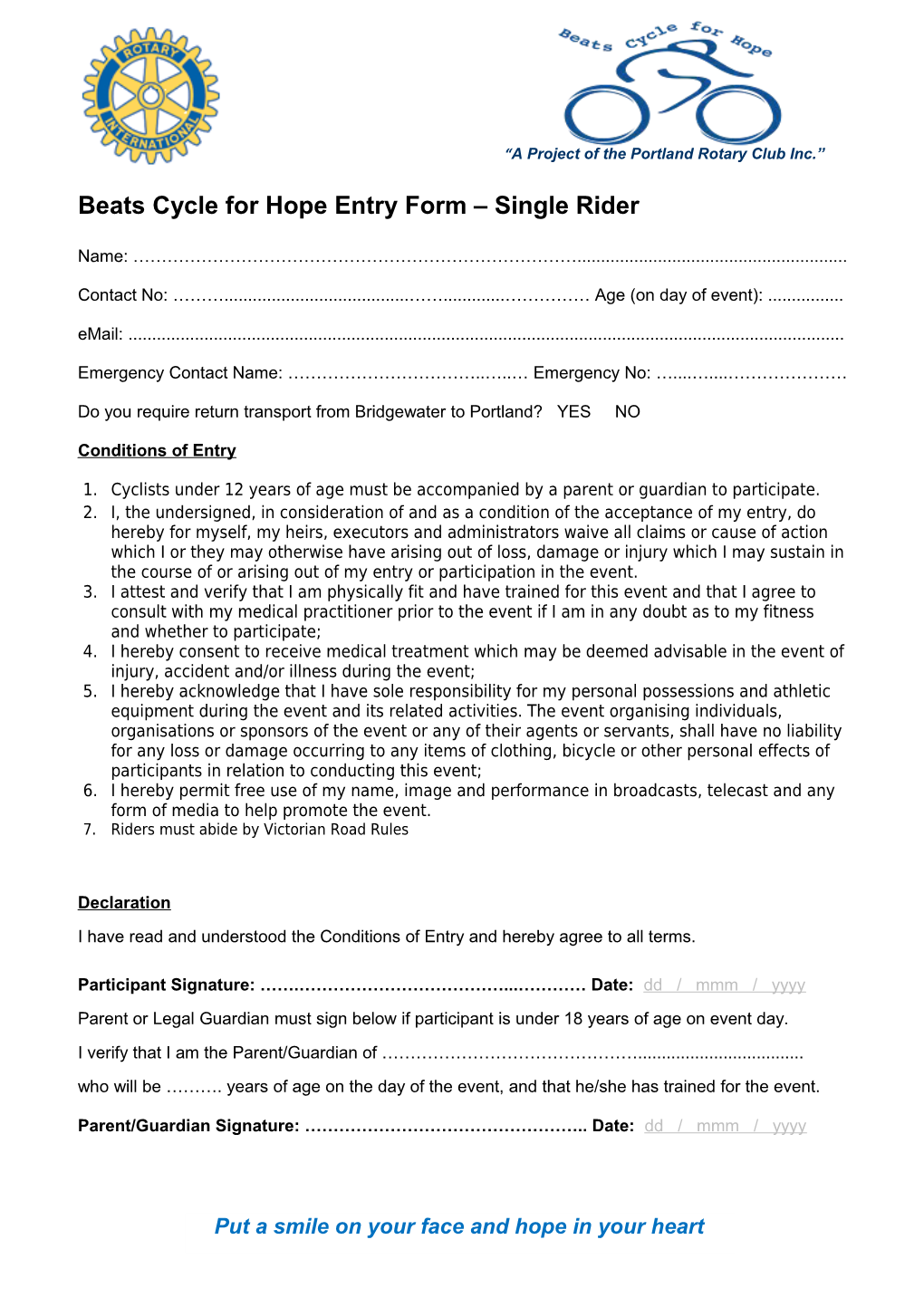 Beats Cycle for Hope Entry Form Single Rider