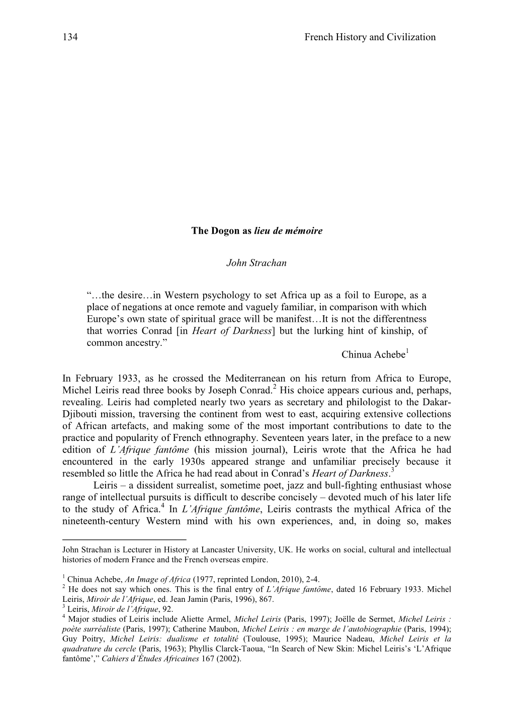 John Strachan, the Dogon As Lieu De Mémoire