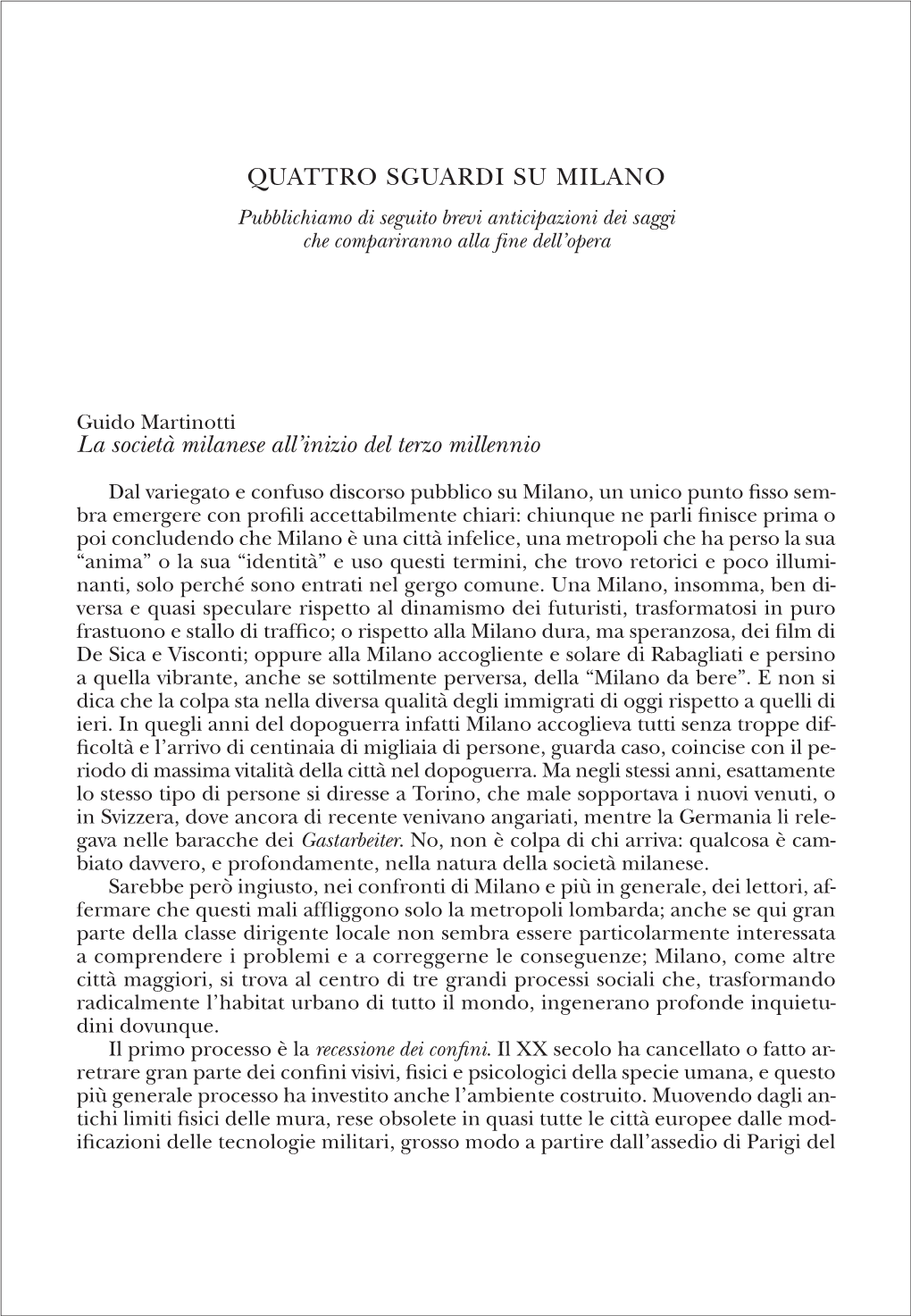 La Società Milanese All'inizio Del Terzo Millennio QUATTRO SGUARDI SU