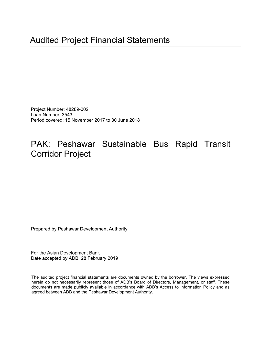 48289-002: Peshawar Sustainable Bus Rapid Transit Corridor Project