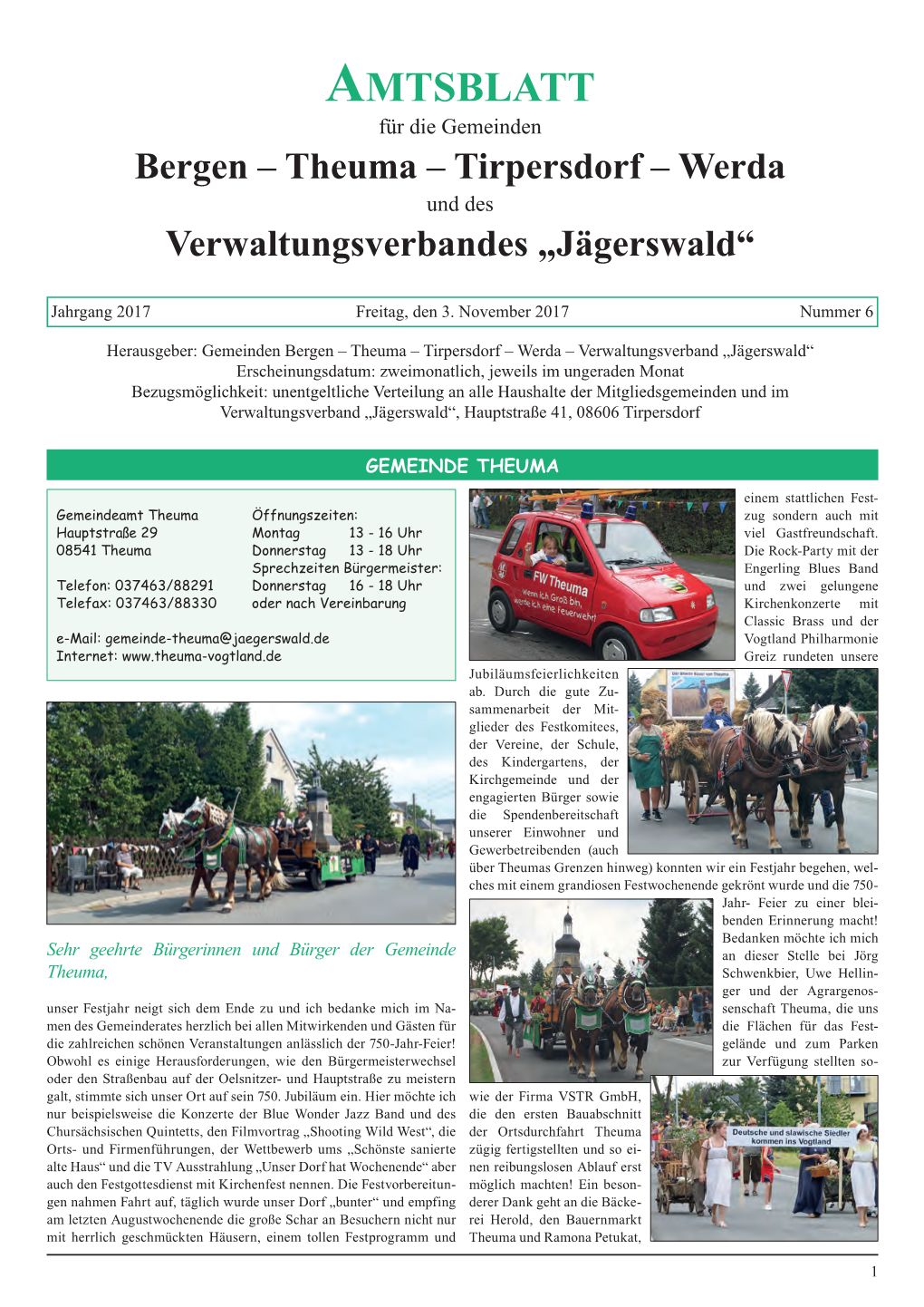 Amtsblatt Für Die Gemeinden Bergen – Theuma – Tirpersdorf – Werda Und Des Verwaltungsverbandes „Jägerswald“