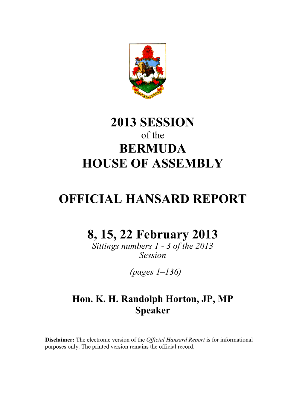 2013 Session Bermuda House of Assembly Official