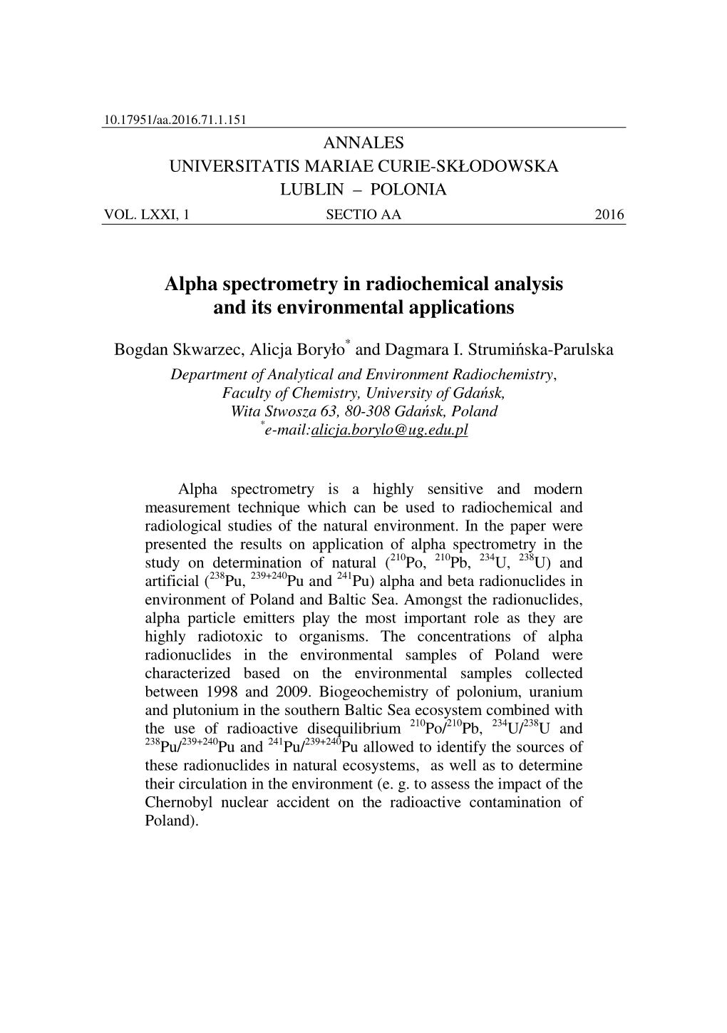 Alpha Spectrometry in Radiochemical Analysis and Its Environmental Applications