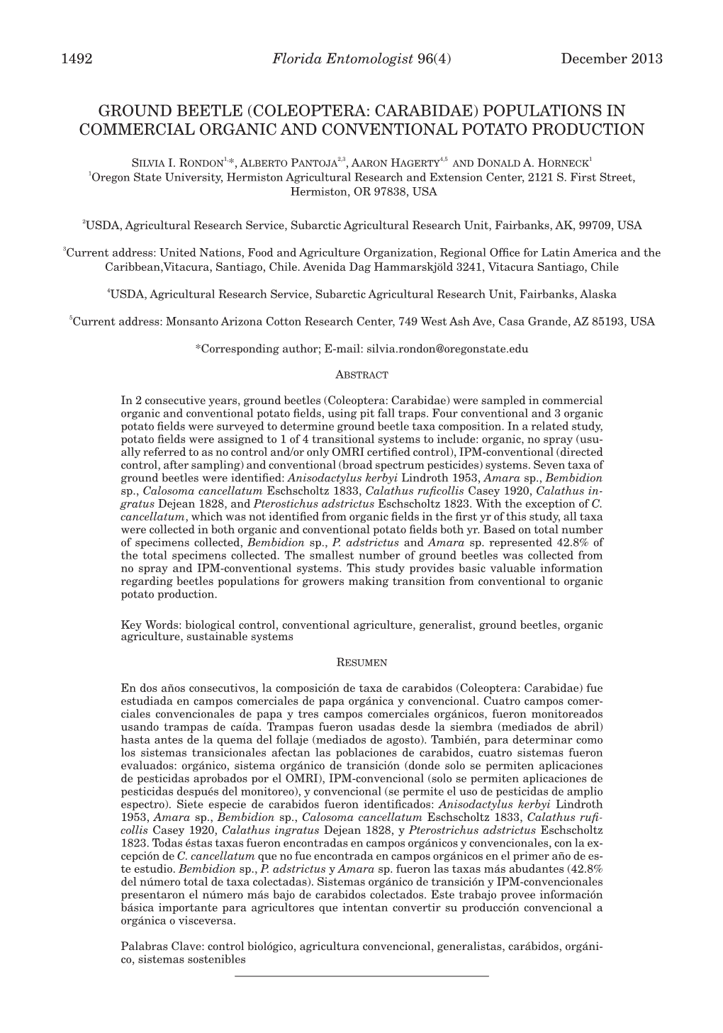 Ground Beetle (Coleoptera: Carabidae) Populations in Commercial Organic and Conventional Potato Production