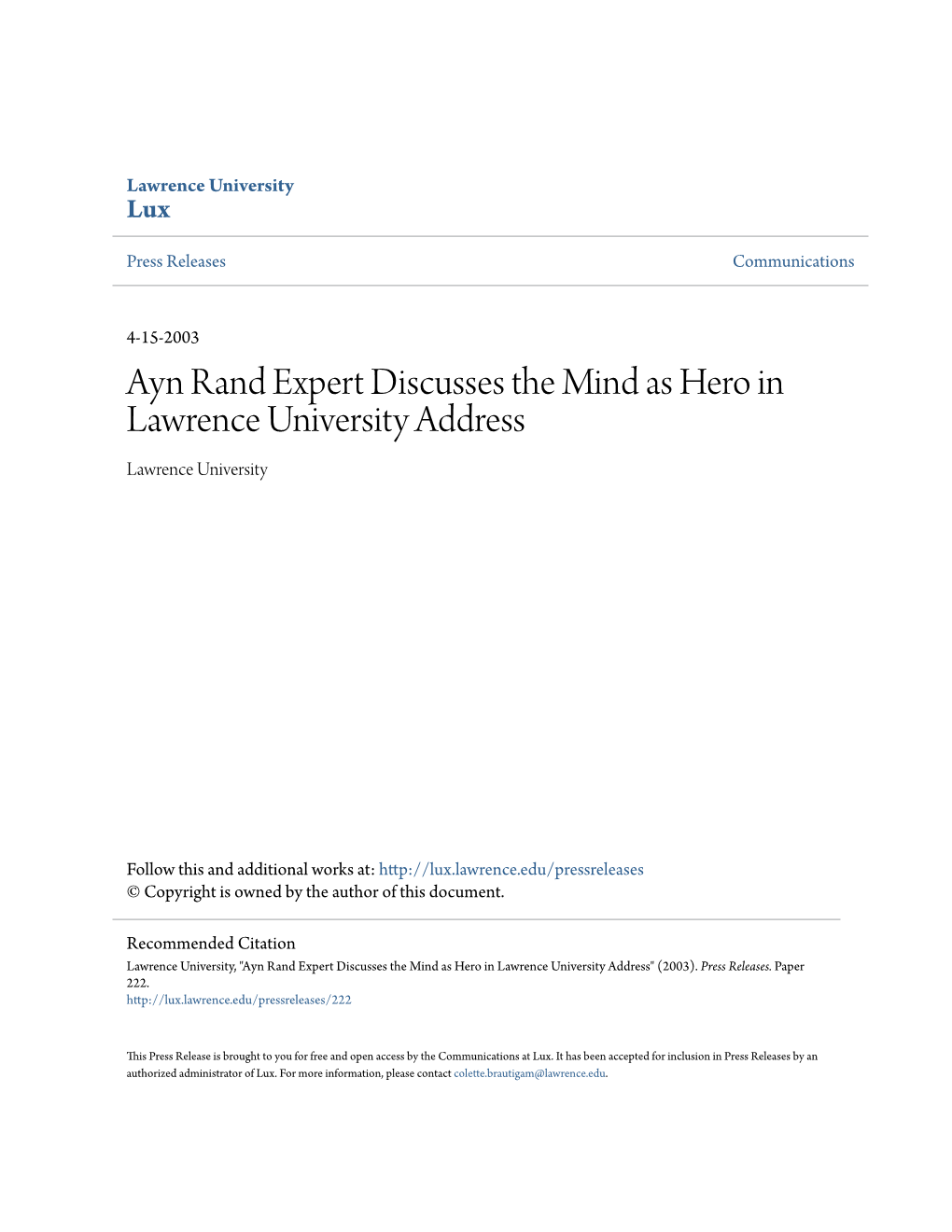 Ayn Rand Expert Discusses the Mind As Hero in Lawrence University Address Lawrence University