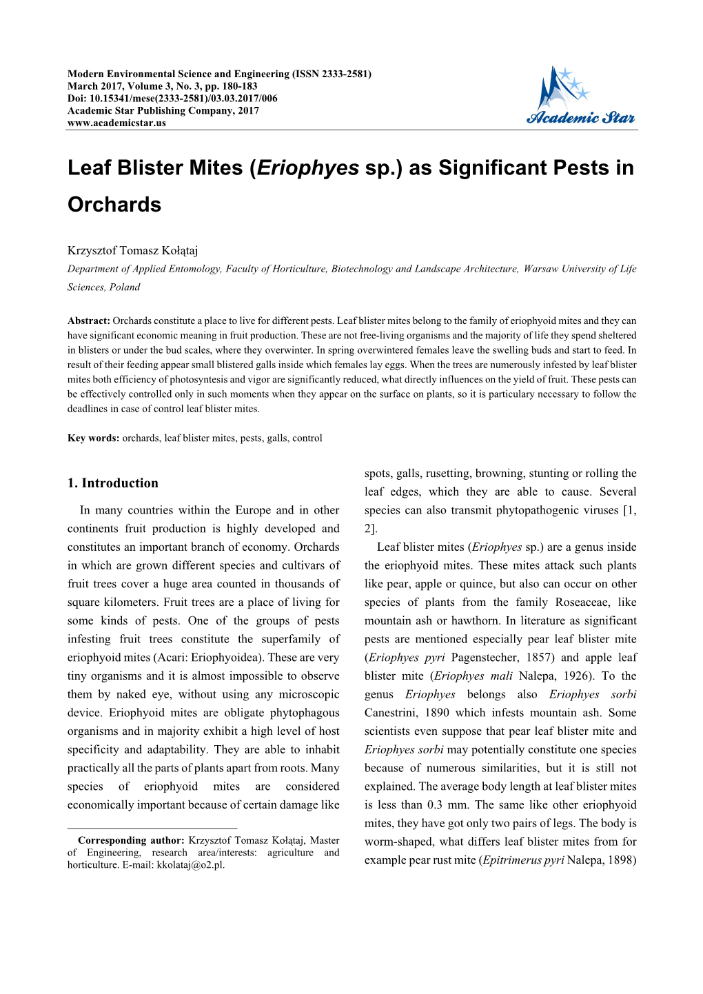 Leaf Blister Mites (Eriophyes Sp.) As Significant Pests in Orchards