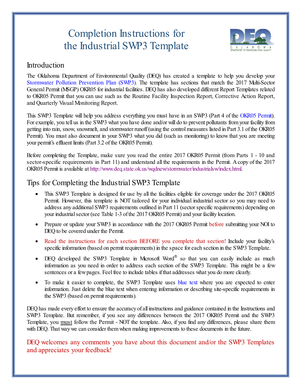 Completion Instructions for the Industrial SWP3 Template