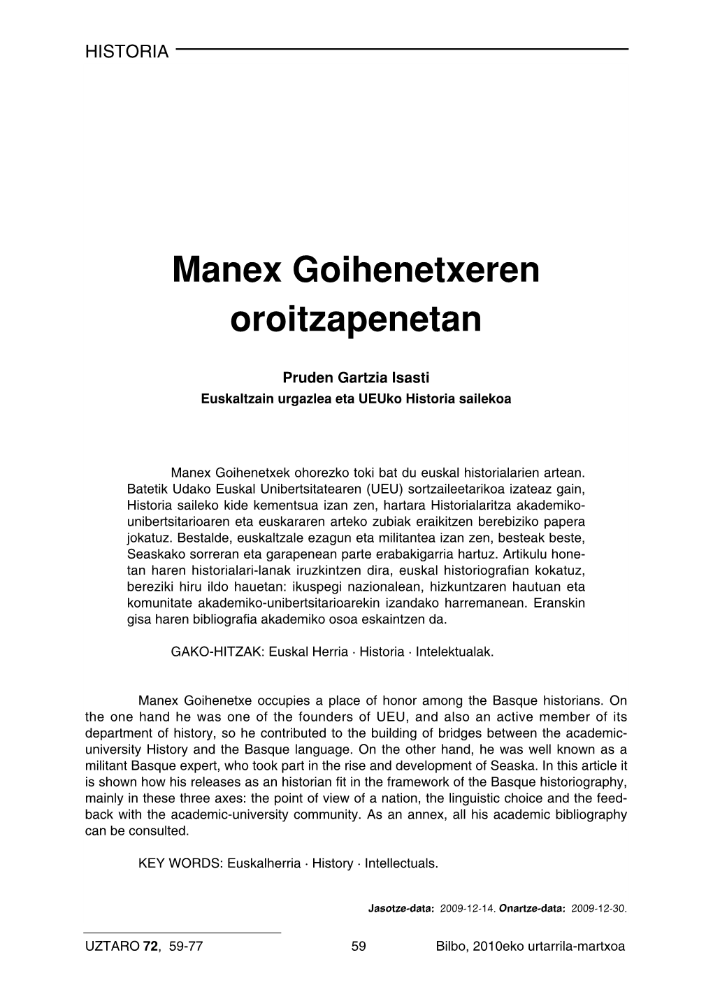 Manex Goihenetxeren Oroitzapenetan