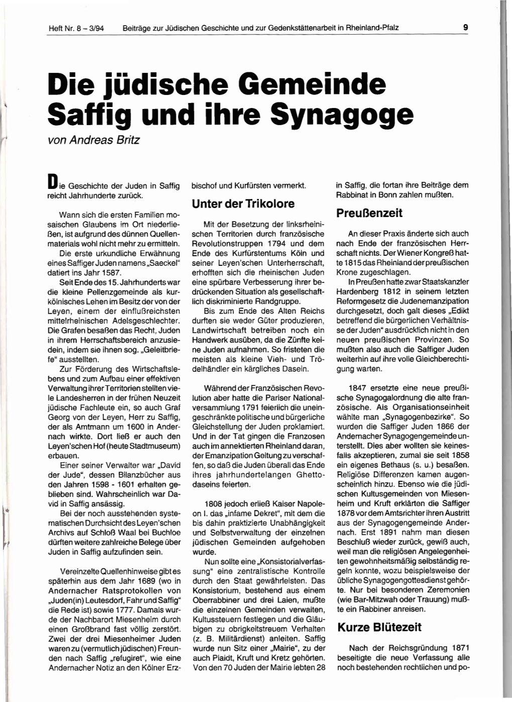 Die Iüdische Gemeinde Saffig Und Ihre Synagoge Von Andreas Britz