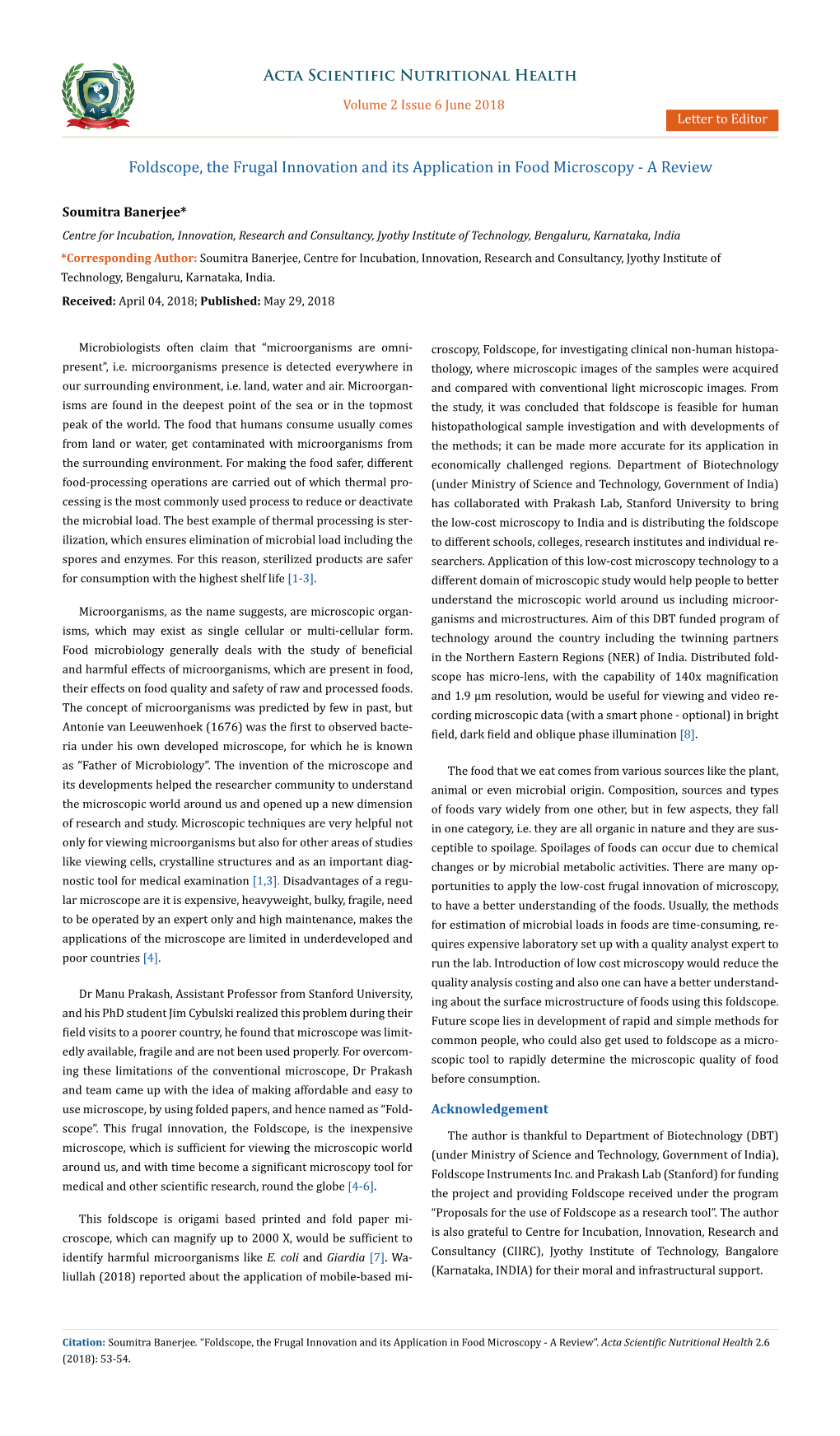 Foldscope, the Frugal Innovation and Its Application in Food Microscopy - a Review