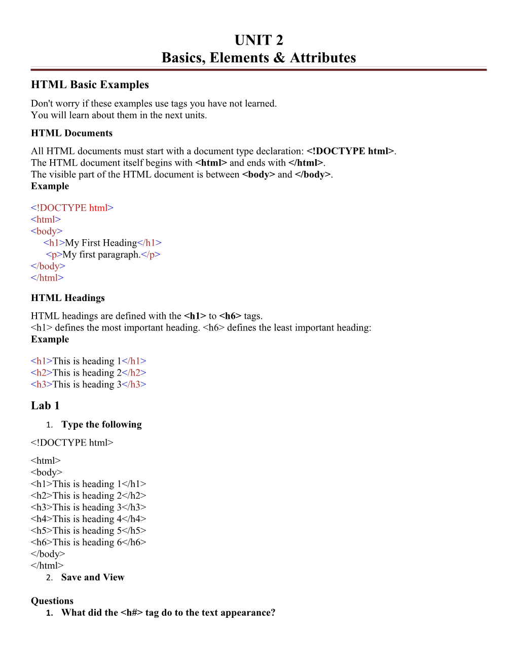 UNIT 2 Basics, Elements & Attributes