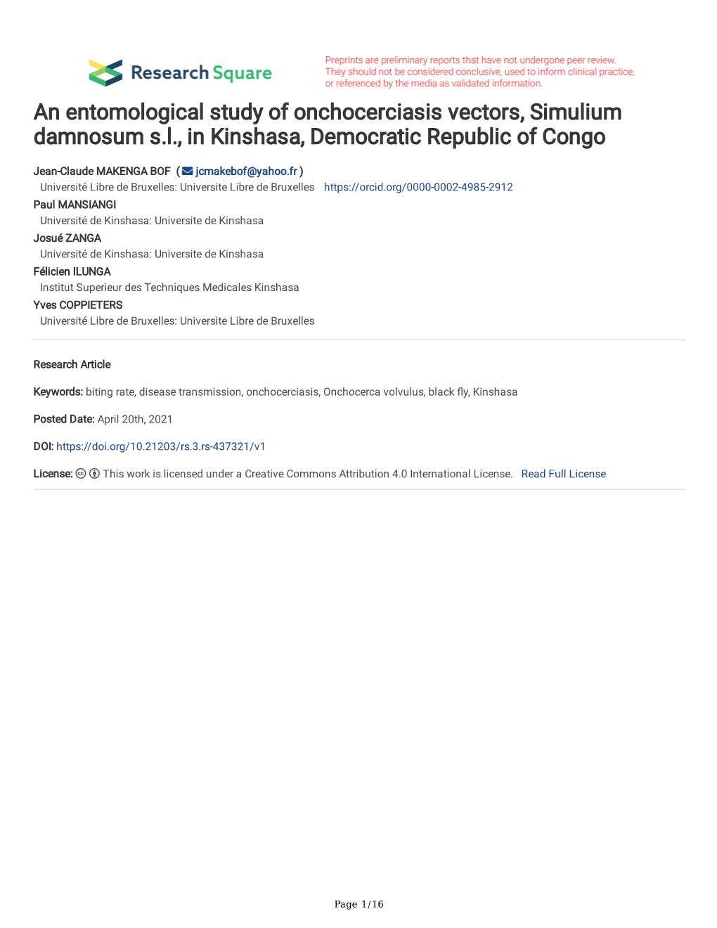 An Entomological Study of Onchocerciasis Vectors, Simulium Damnosum S.L., in Kinshasa, Democratic Republic of Congo