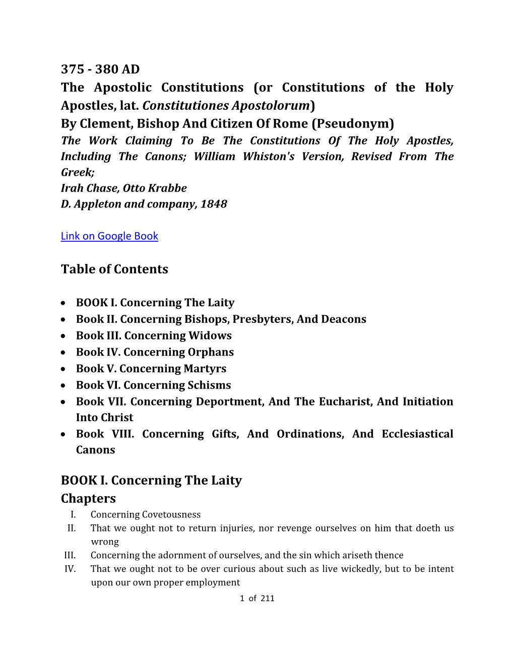 Apostolic Constitutions (Or Constitutions of the Holy Apostles, Lat