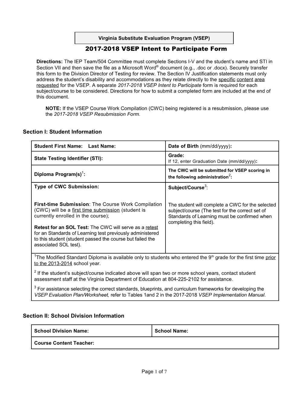 2017-2018 VSEP Intent to Participate Form