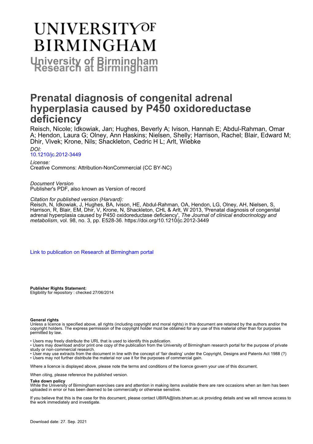 Prenatal Diagnosis of Congenital Adrenal Hyperplasia Caused By