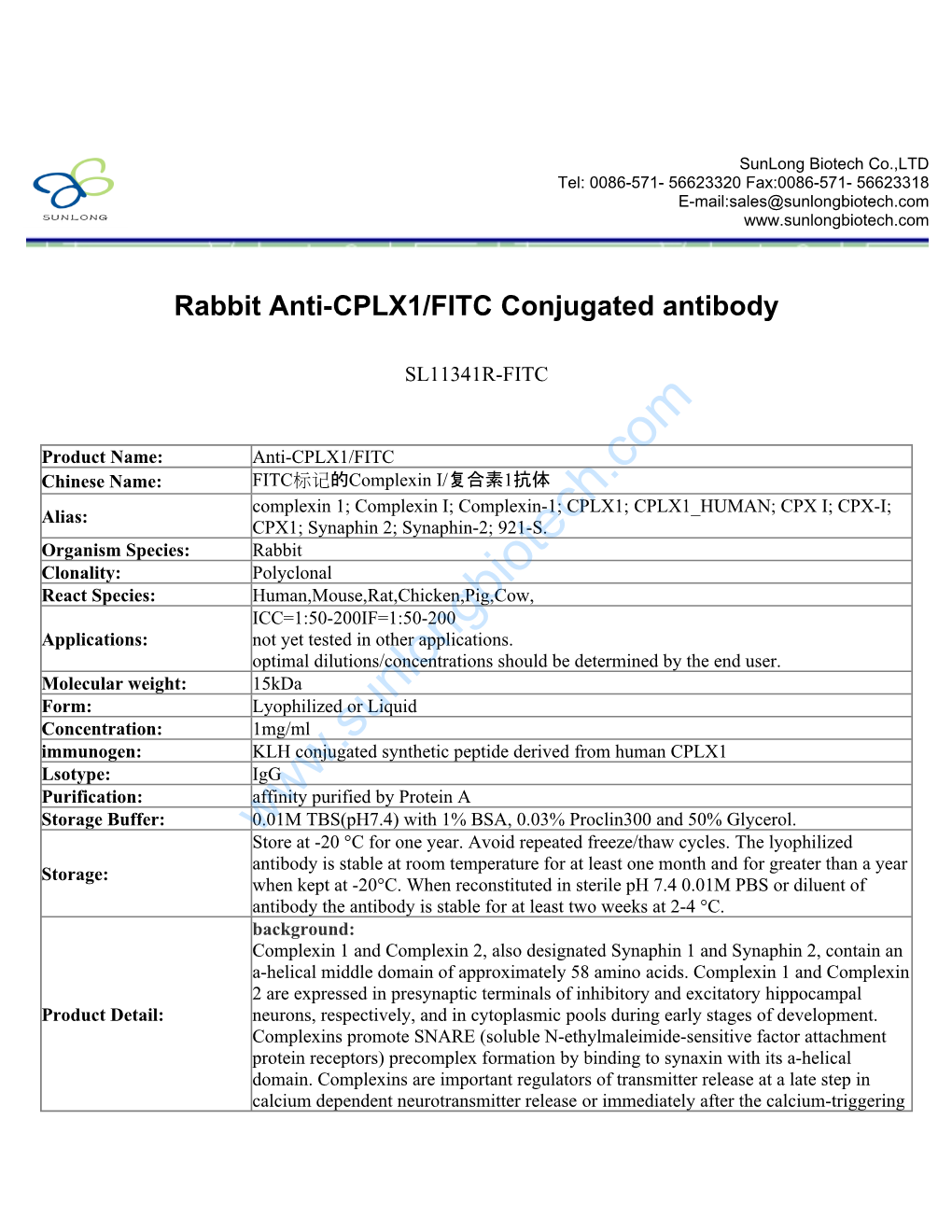 Rabbit Anti-CPLX1/FITC Conjugated Antibody-SL11341R-FITC