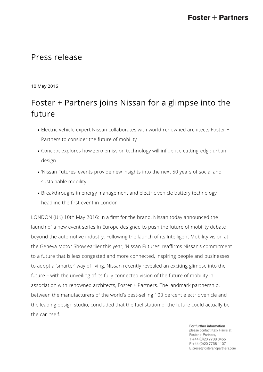 Press Release Foster + Partners Joins Nissan for a Glimpse Into the Future