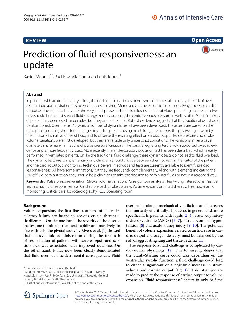 Prediction of Fluid Responsiveness: an Update Xavier Monnet1*, Paul E