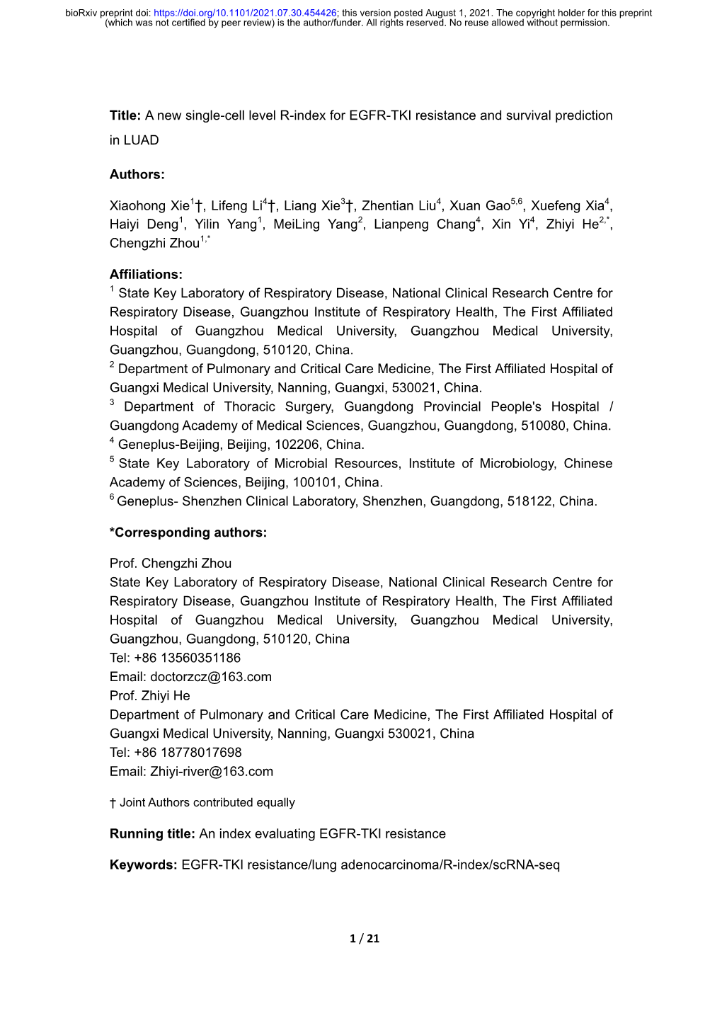 A New Single-Cell Level R-Index for EGFR-TKI Resistance and Survival Prediction in LUAD